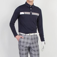 MINEFLOW 男款BL胸前五線長袖彈力翻領高爾夫T恤