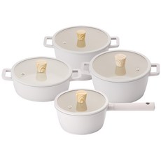 KITCHEN FLOWER IH感應爐適用鍋具 4組, 單柄湯鍋18cm+雙耳湯鍋20cm+雙耳湯鍋24cm+燉鍋20cm, 奶油白