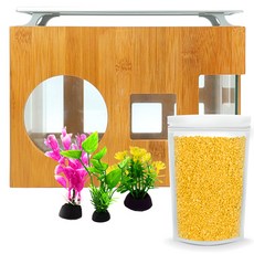 Aquatera 木質魚缸 AMZW30+魚缸裝飾仿真植物 3入+造景石 1kg+LED燈組, 黃色（地板材料），隨機發貨（水草）