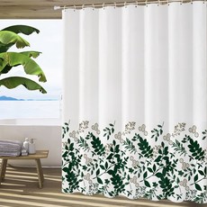 市場 A 圖案防水浴室浴簾深綠色葉子 130 x 200cm, 1個, 綠色