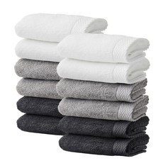 SOFT TOUCH 人字紋滾邊飯店毛巾 190g 40支精梳棉 12件組, 灰色調, 1套