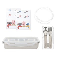 Dailylike BonBon 不鏽鋼餐具便當餐盒組, 燕麥色, 1組, 餐盒 + 湯子 + 叉子 + 橡膠繩 + 貼紙