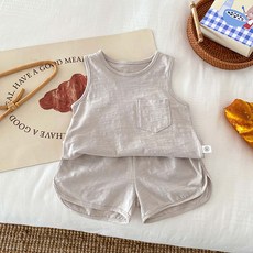 JOYMULTI 童款素色前口袋無袖背心+短褲套裝