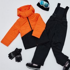 F.leader 兒童方塊素色滑雪外套 + 吊帶褲套裝