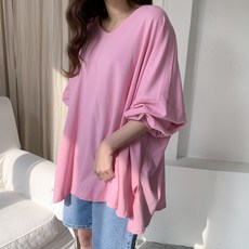 린다샵 여성용 네클리 박시핏 브이넥 무지 긴팔 티셔츠 cpt11891k31