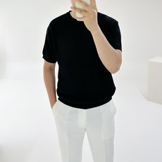 아도르클래식 남성용 티크 라운드 봄 여름 시원한 니트 반팔 티셔츠