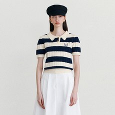 rolarola 女款翻領條紋麻花泡泡短袖針織上衣