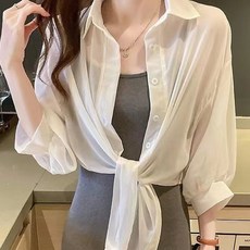 Goodif 女款短版透視扭結七分袖襯衫