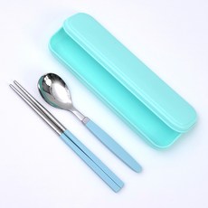 RAONNURI 兒童粉彩盒便攜式便當餐具組, 藍色(外盒), 藍色(湯匙, 筷子), 外盒 + 湯匙 + 筷子
