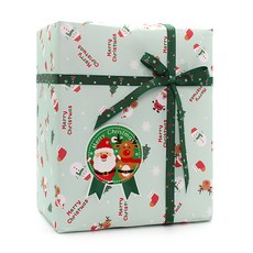 Picnic & Package 聖誕老人與魯道夫包裝紙 8入 + 綠色緞帶 6m + 2款貼紙 x 4張 套組, 混合色, 1套