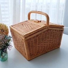 MAISONINDAHRATTANSHOP 高級藤編經典藤編野餐籃收納箱 N022N, 自然米色, 1個