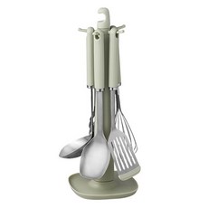 LocknLock 樂扣樂扣 不銹鋼廚具6件組, 打蛋器 + 湯勺 + 料理湯匙 + 鍋鏟 + 夾子 + 收納架, 薄荷綠, 1組