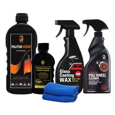 拋光覆膜劑 500ml + 亮光覆膜劑 100ml + 玻璃鍍膜蠟 500ml + Poli 輪圈清潔劑 560ml + 絨布抹布 2入組, 1套