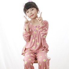 女童款微笑雞蛋桃皮絨睡衣上下套裝