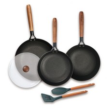 BEKA 貝卡 原木單柄鑄鐵不沾鍋具組, 混色, 平底鍋24cm+28cm+炒菜鍋24cm+鍋鏟+炒飯鏟+玻璃蓋24cm