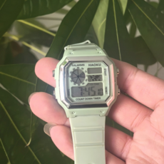 矽膠方形電子運動手錶, 綠銀色, 1個