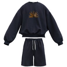 이지스튜디오 W 스트롱코튼 골든팜 벌룬핏 맨투맨 + 오버핏 반바지 트레이닝 세트