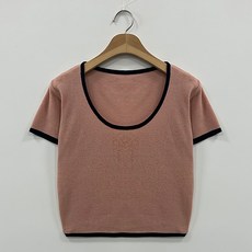 뜨개진 여성용 라인 배색 크롭 반팔 라운드 베이린 니트