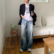 토마토팩토리 여성용 뮤린 빈티지 워싱 벌룬 와이드 데님 팬츠 기본