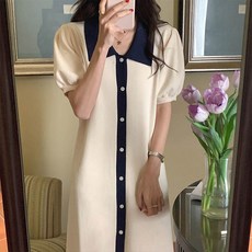 앤드스타일 여성용 린배색카라 니트 롱 원피스 262323