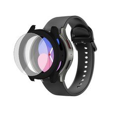 루아러블 갤럭시워치 액정보호 강화유리 필름 풀커버 케이스 + 실리콘 스트랩 세트, 블랙, 1개