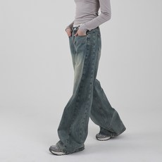 SUBI.JEANS 女款長/短版水洗刷色開衩寬管牛仔褲