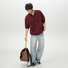 Seonbit 男款 Vernell 日常素色圓領寬鬆麻花針織開襟衫