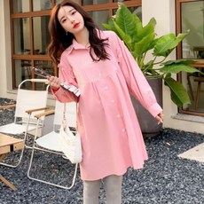 泡泡袖襯衫長袖孕婦連身裙