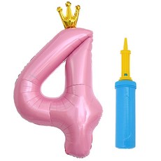 J Balloon 鍍銀皇冠數字氣球 大 4 + 手動打氣筒套組, 1套, 粉紅色(氣球), 藍色(手動打氣筒)