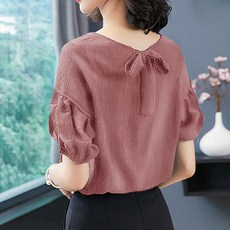 女款後背蝴蝶結泡泡袖襯衫