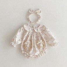 STARDOOR 嬰幼兒花朵蝴蝶結口袋長袖連身衣髮帶套裝