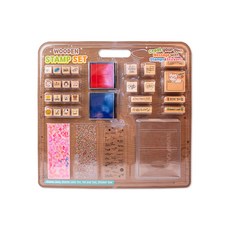 26 Kumhong 花式木印章 + 2 個印泥 + 收納盒 + 3 張貼紙套組, 1套, 紅藍