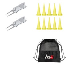 NAYA STYLE Golf Green Fork Repairer 2p + HDPE Golf Short Tee 10p + Pouch Set GFYP-41-1+163-1PU, 白色(修補叉)+黃色(高爾夫球座)