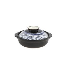 雙耳陶瓷砂鍋+藍色條紋印花鍋蓋, 1入, 小(16.7cm*19.7cm*高9.6cm)