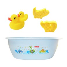 fisher-price 費雪 沐浴盆+沐浴玩具+動物造型沐浴海綿, 藍色(浴缸)+鴨子(單色)+海綿(隨機出貨)