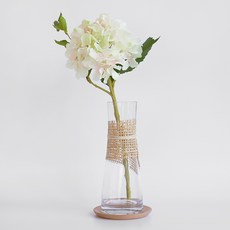 BLOOMING&ME 人造閃亮繡球花1 + 藤編弧形玻璃瓶 + 原木杯墊, 象牙白