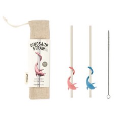 GONGDREEN 可重複使用矽膠吸管恐龍粉色+藍色, 1套