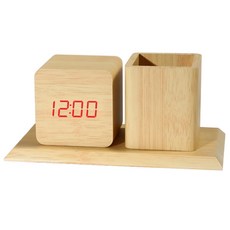 쿼르디 탁상시계 연필꽂이 베이지우드, 레드 라이트