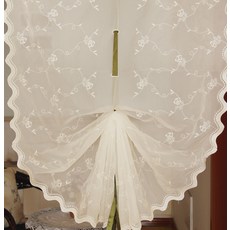 花朵圖案褶皺蕾絲窗簾 飄逸小窗蝴蝶褶透明雪紡窗簾, 白色