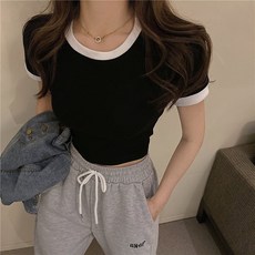 묘먀미 여성용 포인트라벨 슬림핏 기본 크롭 티셔츠 AA056