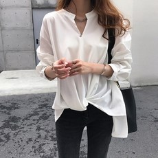 DMELD 女款翻領不對稱長版罩衫