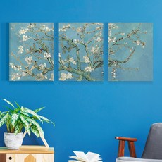 WEMODERN 梵谷杏樹分割名畫 客廳裝飾帆布畫框圖畫 3件組, 混合色