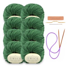 미소털실 트와이즈 뜨개실 8p + 가죽라벨 + 바늘 패키지 세트, 1세트, 413 올리브그린