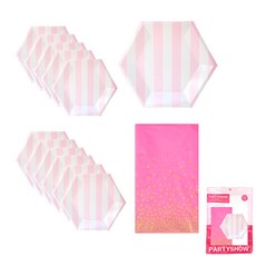 PARTYSHOW 條紋盤子 20cm 粉紅色 12入+桌巾 金色圓點粉紅色, 1套