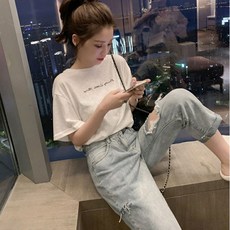 여성용 굿샵 오프숄더 패션 라운드넥 반팔 티셔츠