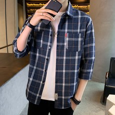 DM Corporation 男款休閒格紋七分袖襯衫