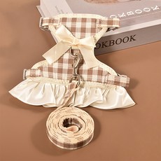 웨이비데이즈 반려동물 로렌 리본 체크 하네스 + 목줄 세트, 브라운, 1세트