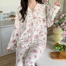 안나앤코 여성용 수채화 실크 긴팔 잠옷 파자마 상하의 세트