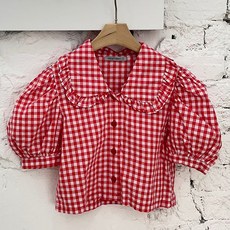 Neul女童款格紋泡泡短袖雪紡衫