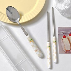 可愛插圖湯匙+筷子+收納盒組, 勺子+筷子+箱子, 1組, 黃色檢查